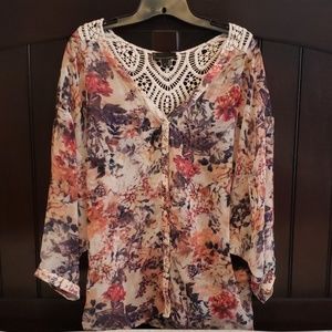 Floral chiffon button-down blouse